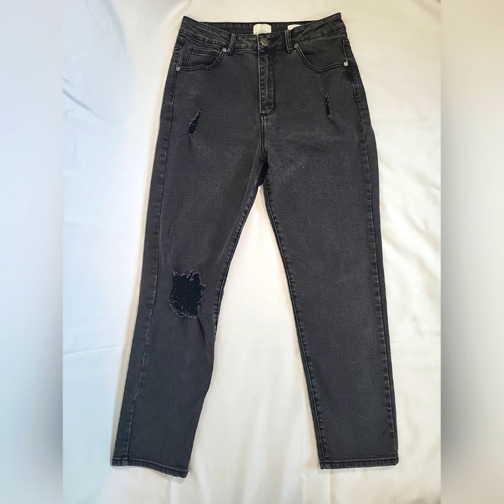 91 Cotton On High Rise Black Distressed Denim Jeans Women's 10 High 90s